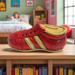 VTG Old Red Football Soccer Cleat Shoes Money Change Savings Bank 1970’s Enesco
